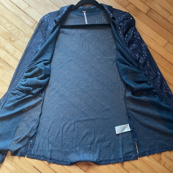 FREE PEOPLE Sequin Shirtee Varsity Navy Top Blouse Semi Sheer Boho Revolve - Picture 5 of 15